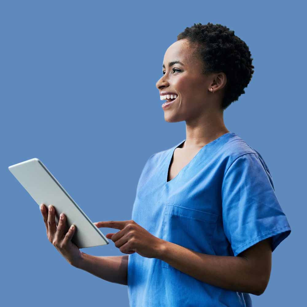clinician-with-tablet-blue Clinician using tablet